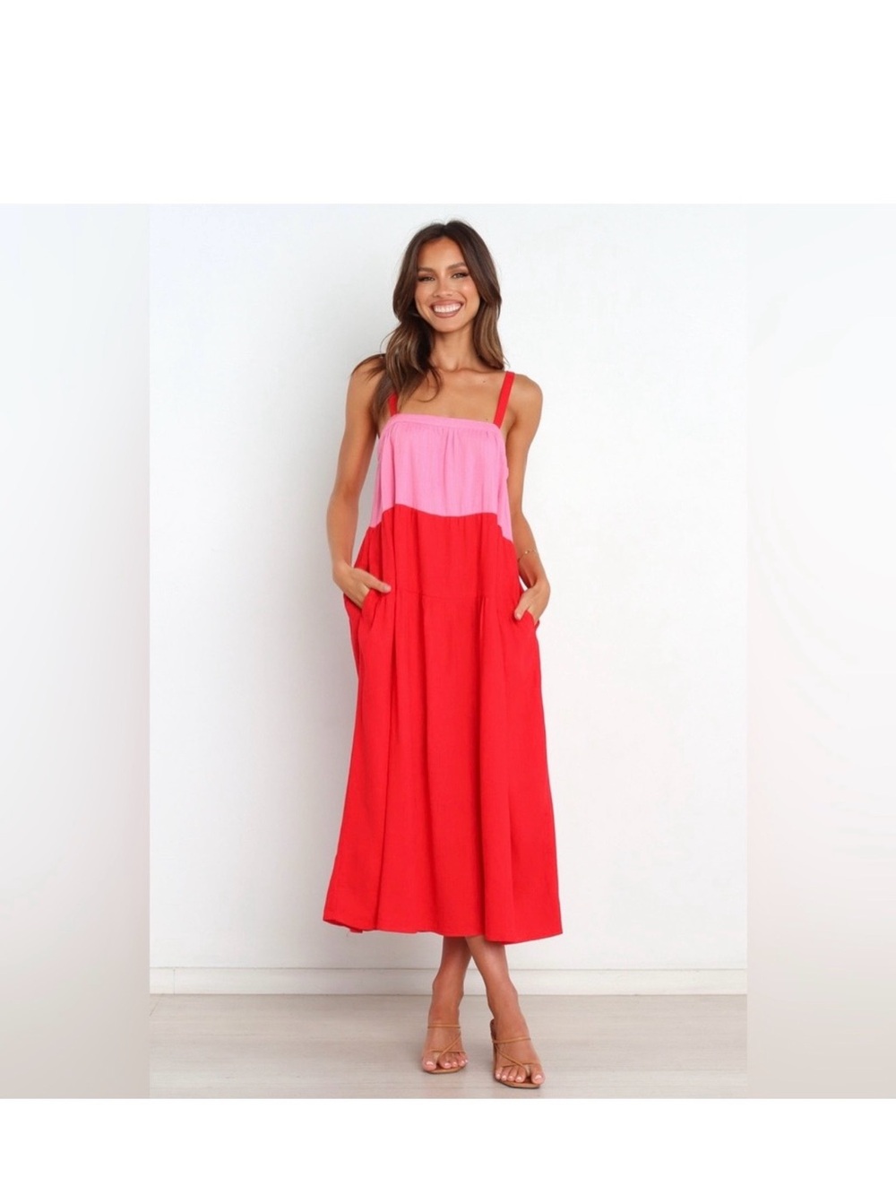 Petal & Pup Pink and Red Colorblock Midi Dress